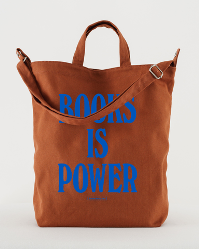 BOOKS IS POWER Tote (Blue on Umber)