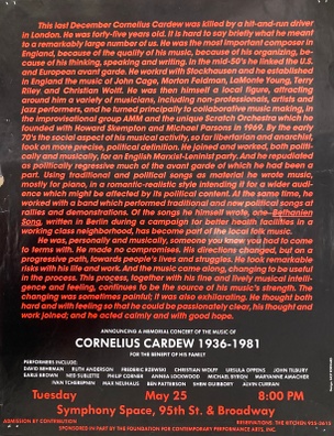 Benefit for the Family of Cornelius Cardew, May 25, 1982  [The Kitchen Posters]